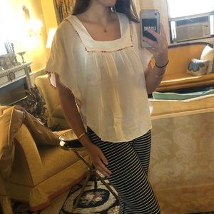 Madewell white flowy top with pom pom detailing